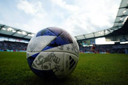 Nov 5, 2023; Kansas City, KS, USA; General view of a game ball before the match between Sporting Kansas City and St. Louis City SC of game two in a round one match of the 2023 MLS Cup Playoffs at Children's Mercy Park. Mandatory Credit: Jay Biggerstaff-USA TODAY Sports