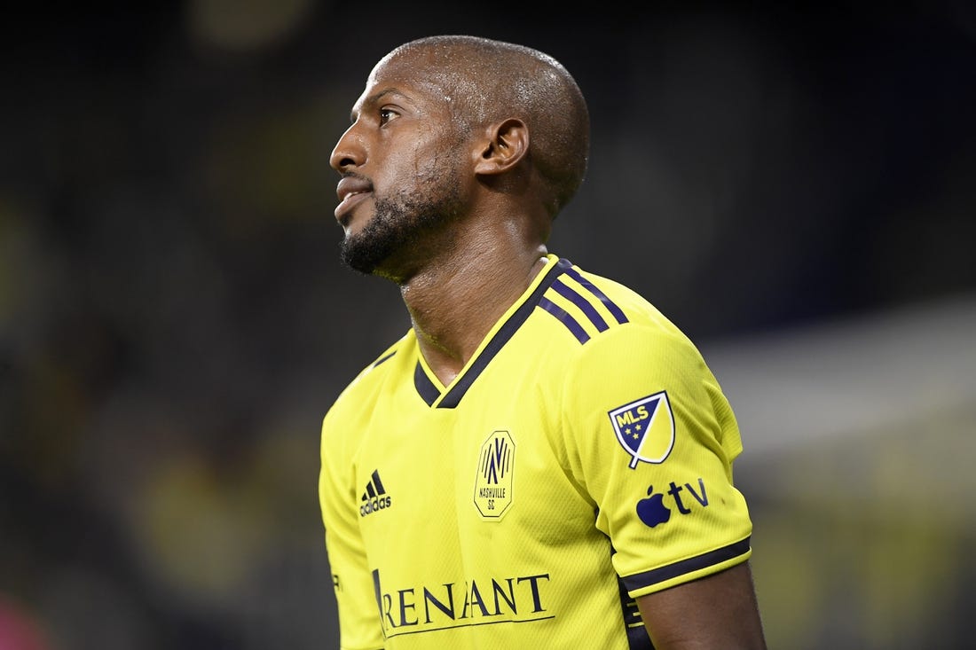 Nov 7, 2023; Nashville, Tennessee, USA; Nashville SC midfielder Fafa Picault (7) reacts in the second half against the Orlando City  at Geodis Park. Mandatory Credit: Steve Roberts-USA TODAY Sports