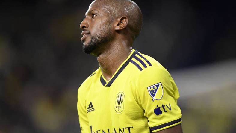 Nov 7, 2023; Nashville, Tennessee, USA; Nashville SC midfielder Fafa Picault (7) reacts in the second half against the Orlando City  at Geodis Park. Mandatory Credit: Steve Roberts-USA TODAY Sports