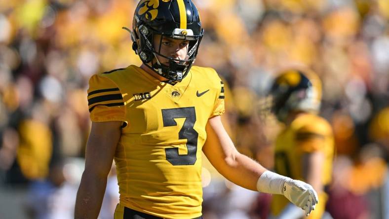 Oct 21, 2023; Iowa City, Iowa, USA; Iowa Hawkeyes defensive back Cooper DeJean (3) looks on during the game against the Minnesota Golden Gophers at Kinnick Stadium. Mandatory Credit: Jeffrey Becker-USA TODAY Sports