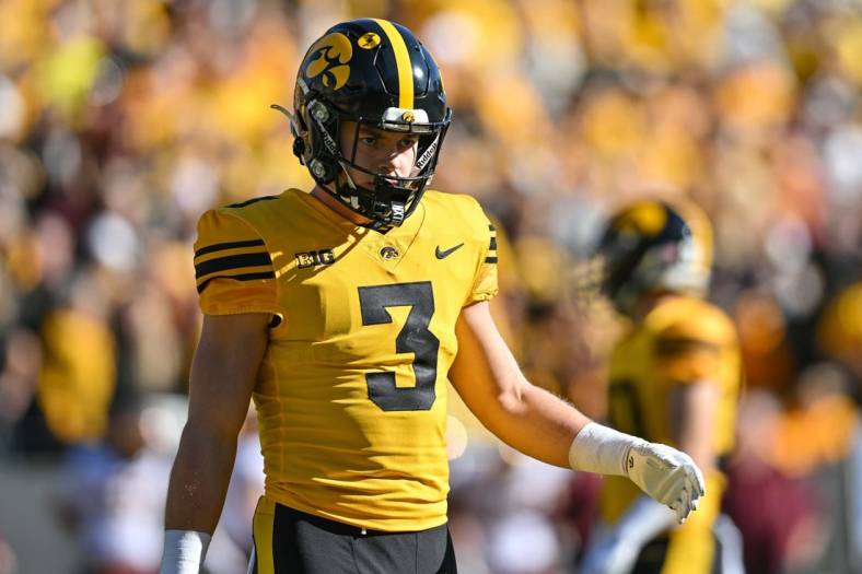 Oct 21, 2023; Iowa City, Iowa, USA; Iowa Hawkeyes defensive back Cooper DeJean (3) looks on during the game against the Minnesota Golden Gophers at Kinnick Stadium. Mandatory Credit: Jeffrey Becker-USA TODAY Sports