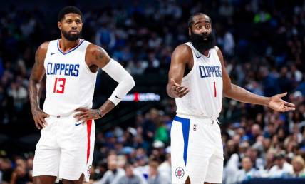 Nov 10, 2023; Dallas, Texas, USA;  LA Clippers guard James Harden (1) and LA Clippers forward Paul George (13) react against during the second half against the Dallas Mavericks at American Airlines Center. Mandatory Credit: Kevin Jairaj-USA TODAY Sports