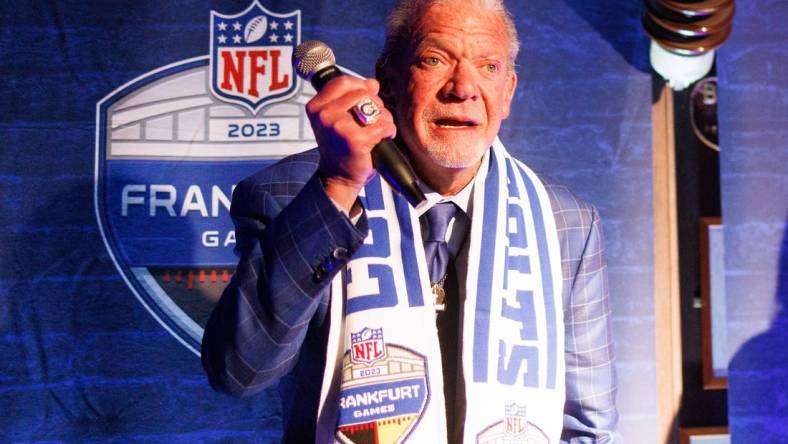 Nov 10, 2023; Frankfurt, Germany; Indianapolis Colts owner Jim Irsay speaks during a fan event at Chicago Meatpackers before an International Series game against the New England Patriots. Mandatory Credit: Nathan Ray Seebeck-USA TODAY Sports