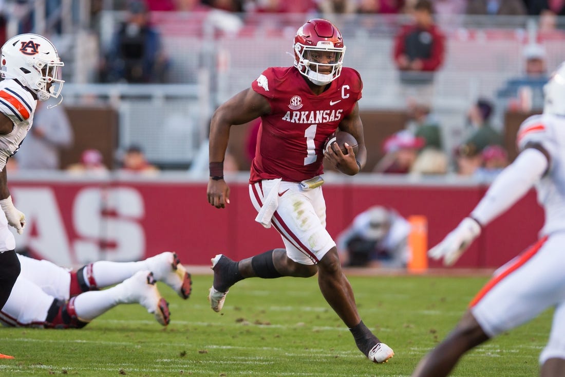 Nov 11, 2023; Fayetteville, Arkansas, USA;  Arkansas Razorbacks quarterback KJ Jefferson (1) runs the ball during the second quarter in the game against the Auburn Tigersat Donald W. Reynolds Razorback Stadium. Mandatory Credit: Brett Rojo-USA TODAY Sports