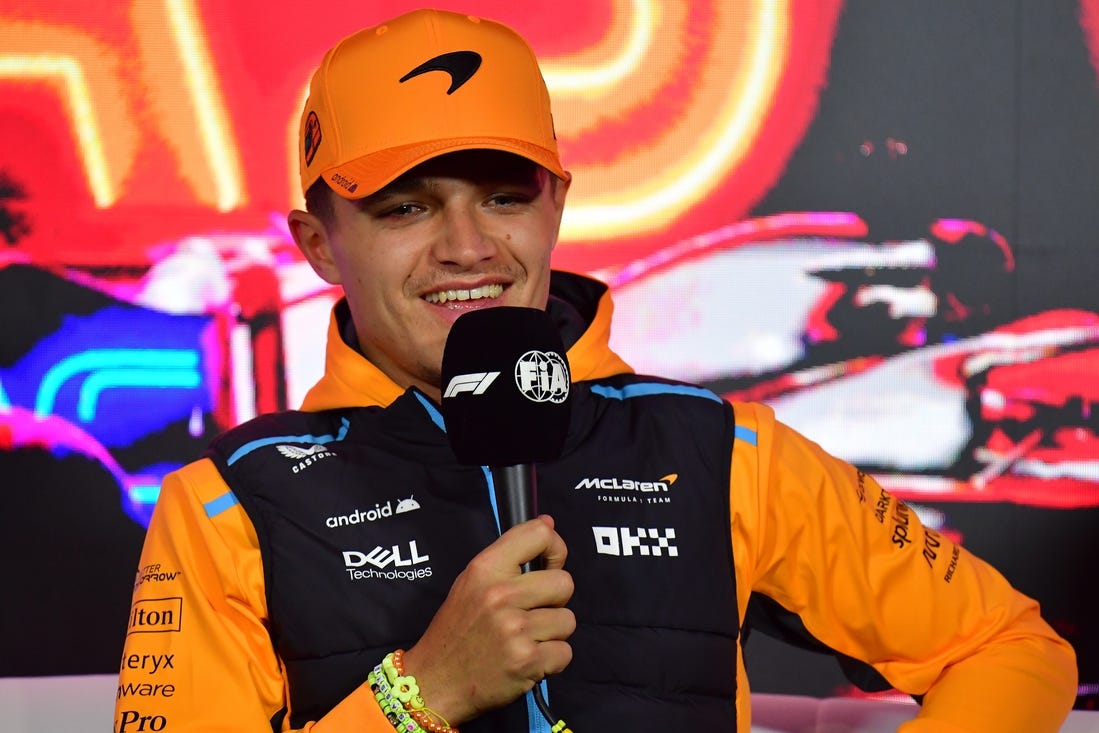 Nov 15, 2023; Las Vegas, Nevada, USA; McLaren F1 Team driver Lando Norris of Great Britain speaks during media availabilities at Las Vegas Strip Circuit. Mandatory Credit: Gary A. Vasquez-USA TODAY Sports