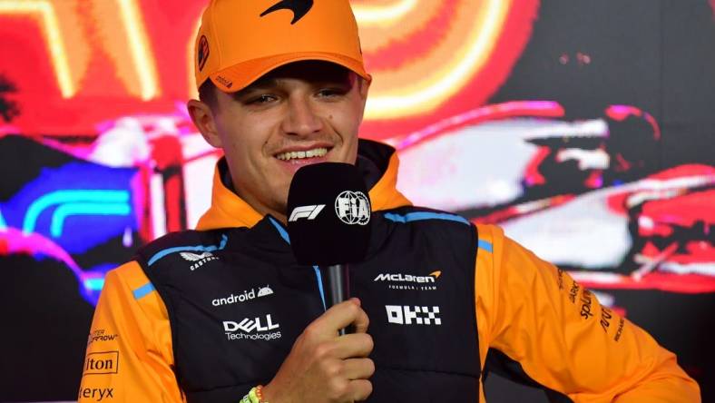 Nov 15, 2023; Las Vegas, Nevada, USA; McLaren F1 Team driver Lando Norris of Great Britain speaks during media availabilities at Las Vegas Strip Circuit. Mandatory Credit: Gary A. Vasquez-USA TODAY Sports