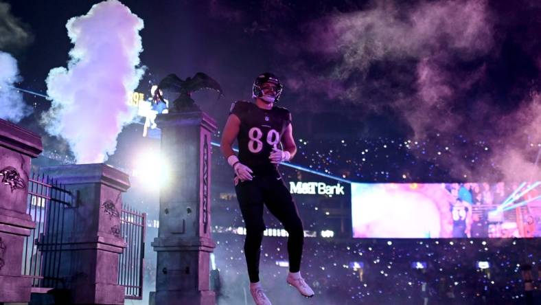 Nov 16, 2023; Baltimore, Maryland, USA; Baltimore Ravens tight end Mark Andrews (89) is introduced before a game against the Cincinnati Bengals at M&T Bank Stadium. Mandatory Credit: Tommy Gilligan-USA TODAY Sports