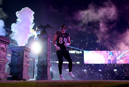 Nov 16, 2023; Baltimore, Maryland, USA; Baltimore Ravens tight end Mark Andrews (89) is introduced before a game against the Cincinnati Bengals at M&T Bank Stadium. Mandatory Credit: Tommy Gilligan-USA TODAY Sports