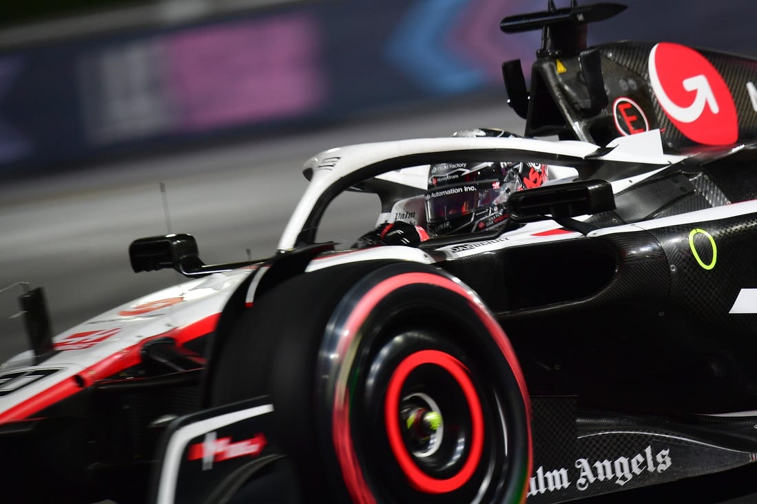 Nov 16, 2023; Las Vegas, Nevada, USA; Haas F1 driver Nico Hulkenberg of Germany (27) during free practice at Las Vegas Strip Circuit. Mandatory Credit: Gary A. Vasquez-USA TODAY Sports