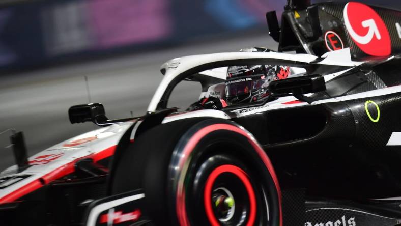 Nov 16, 2023; Las Vegas, Nevada, USA; Haas F1 driver Nico Hulkenberg of Germany (27) during free practice at Las Vegas Strip Circuit. Mandatory Credit: Gary A. Vasquez-USA TODAY Sports