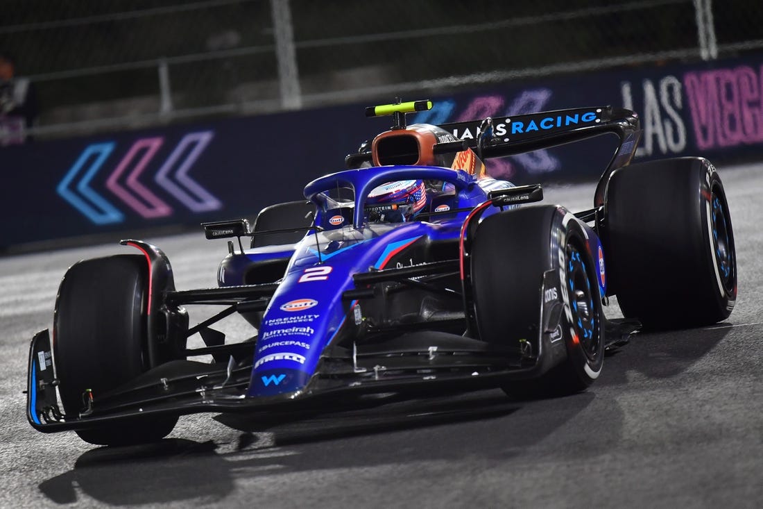 Nov 16, 2023; Las Vegas, Nevada, USA; Williams Racing driver Logan Sargeant of the United States (2) during free practice at Las Vegas Strip Circuit. Mandatory Credit: Gary A. Vasquez-USA TODAY Sports