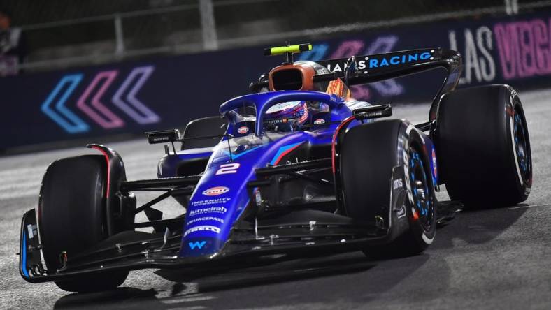 Nov 16, 2023; Las Vegas, Nevada, USA; Williams Racing driver Logan Sargeant of the United States (2) during free practice at Las Vegas Strip Circuit. Mandatory Credit: Gary A. Vasquez-USA TODAY Sports