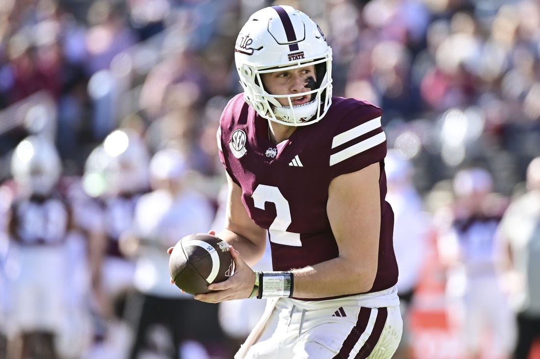 Nov 18, 2023; Starkville, Mississippi, USA; Mississippi State Bulldogs quarterback Will Rogers (2) drops back in the pocket against the Southern Miss Golden Eagles during the third quarter at Davis Wade Stadium at Scott Field. Mandatory Credit: Matt Bush-USA TODAY Sports