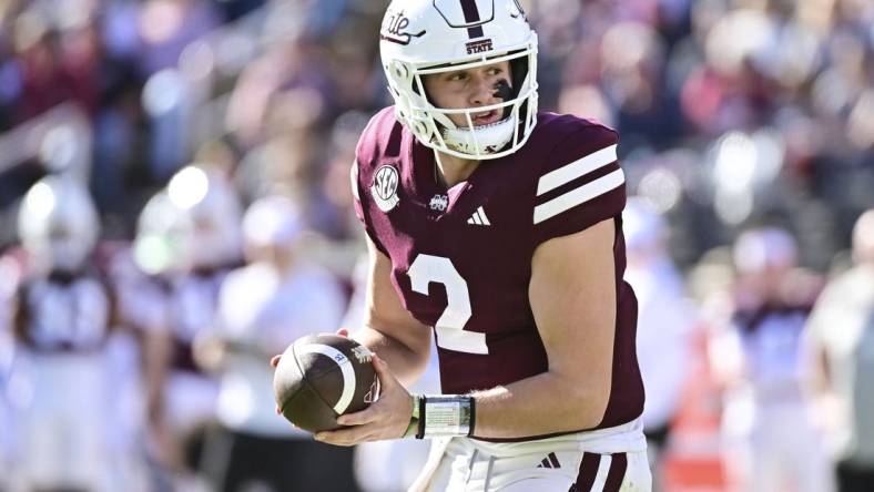 Nov 18, 2023; Starkville, Mississippi, USA; Mississippi State Bulldogs quarterback Will Rogers (2) drops back in the pocket against the Southern Miss Golden Eagles during the third quarter at Davis Wade Stadium at Scott Field. Mandatory Credit: Matt Bush-USA TODAY Sports