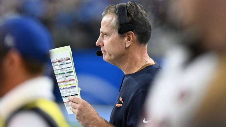 Nov 19, 2023; Detroit, Michigan, USA; Chicago Bears head coach Matt Eberflus on the sidelines against the Detroit Lions in the fourth quarter at Ford Field. Mandatory Credit: Lon Horwedel-USA TODAY Sports