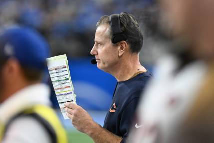 Nov 19, 2023; Detroit, Michigan, USA; Chicago Bears head coach Matt Eberflus on the sidelines against the Detroit Lions in the fourth quarter at Ford Field. Mandatory Credit: Lon Horwedel-USA TODAY Sports