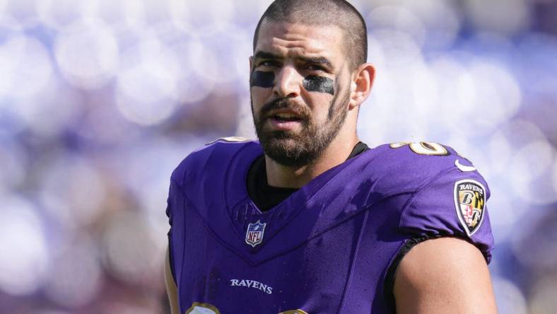 Nov 12, 2023; Baltimore, Maryland, USA;  Baltimore Ravens tight end Mark Andrews (89) looks on before a game against the Cleveland Browns at M&T Bank Stadium. Mandatory Credit: Jessica Rapfogel-USA TODAY Sports