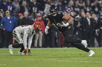 Nov 16, 2023; Baltimore, Maryland, USA; Baltimore Ravens tight end Mark Andrews (89) runs after a first half catch against the Cincinnati Bengals  at M&T Bank Stadium. Mandatory Credit: Tommy Gilligan-USA TODAY Sports