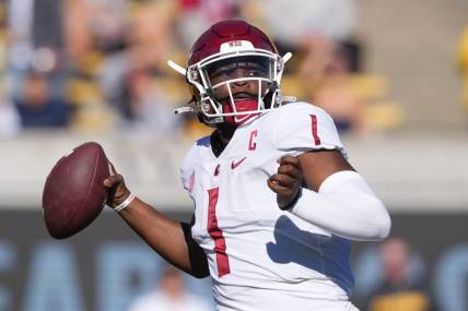 Nov 11, 2023; Berkeley, California, USA; Washington State Cougars quarterback Cameron Ward (1) passes against the California Golden Bears during the first quarter at California Memorial Stadium. Mandatory Credit: Darren Yamashita-USA TODAY Sports