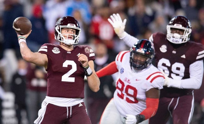 Mississippi State QB Will Rogers (2) passes against Ole Miss during the second half of the Egg Bowl at Davis Wade Stadium in Starkville, Miss., Thursday, Nov. 23, 2023.