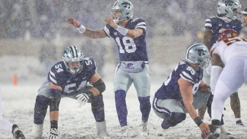 Nov 25, 2023; Manhattan, Kansas, USA; Kansas State Wildcats quarterback Will Howard (18) calls a play during the first quarter against the Iowa State Cyclones at Bill Snyder Family Football Stadium. Mandatory Credit: Scott Sewell-USA TODAY Sports