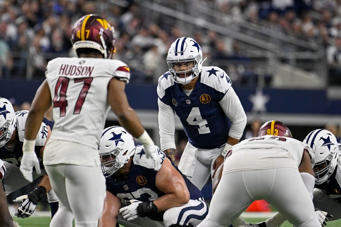 Nov 23, 2023; Arlington, Texas, USA; Dallas Cowboys quarterback Dak Prescott (4) in action during the game between the Dallas Cowboys and the Washington Commanders at AT&T Stadium. Mandatory Credit: Jerome Miron-USA TODAY Sports