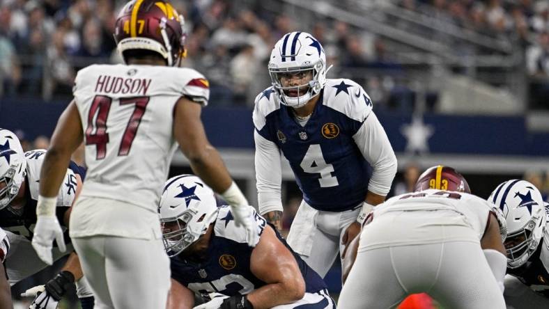 Nov 23, 2023; Arlington, Texas, USA; Dallas Cowboys quarterback Dak Prescott (4) in action during the game between the Dallas Cowboys and the Washington Commanders at AT&T Stadium. Mandatory Credit: Jerome Miron-USA TODAY Sports