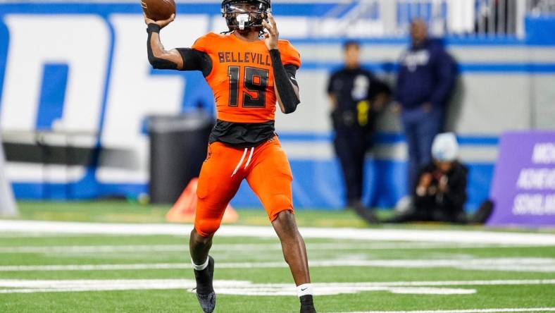 Belleville quarterback Bryce Underwood makes a pass against Southfield A&T during the first half of the Division 1 state final at Ford Field in Detroit on Sunday, Nov. 26, 2023.