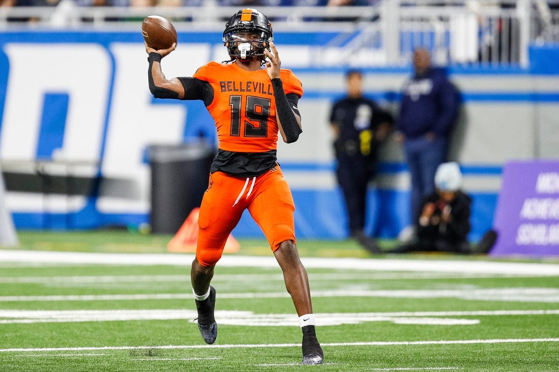 Belleville quarterback Bryce Underwood makes a pass against Southfield A&T during the first half of the Division 1 state final at Ford Field in Detroit on Sunday, Nov. 26, 2023.