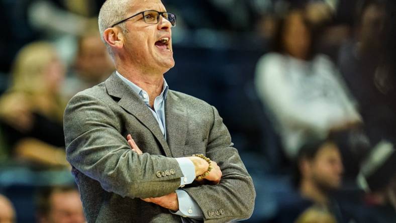 Nov 27, 2023; Storrs, Connecticut, USA; UConn Huskies head coach Dan Hurley watches from the sideline as they take on the New Hampshire Wildcats at Harry A. Gampel Pavilion. Mandatory Credit: David Butler II-USA TODAY Sports