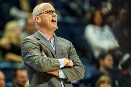 Nov 27, 2023; Storrs, Connecticut, USA; UConn Huskies head coach Dan Hurley watches from the sideline as they take on the New Hampshire Wildcats at Harry A. Gampel Pavilion. Mandatory Credit: David Butler II-USA TODAY Sports