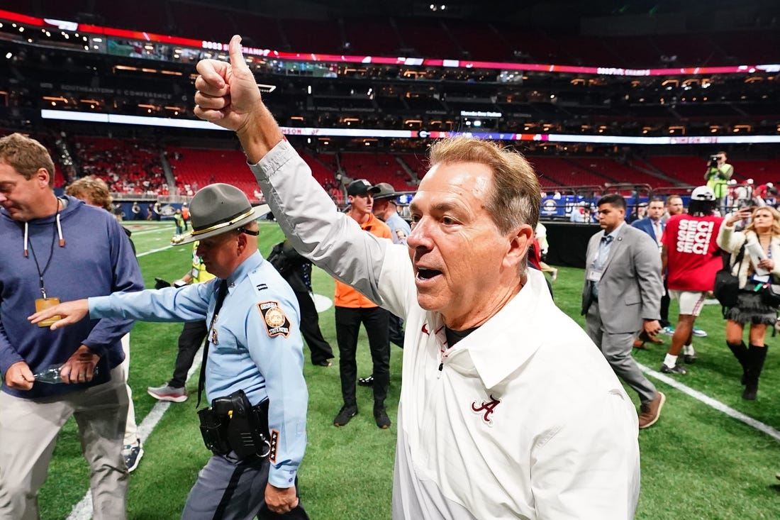 Dec 2, 2023; Atlanta, GA, USA; Alabama Crimson Tide head coach Nick Saban leaves the field after defeating the Georgia Bulldogs in the SEC Championship at Mercedes-Benz Stadium. Mandatory Credit: John David Mercer-USA TODAY Sports