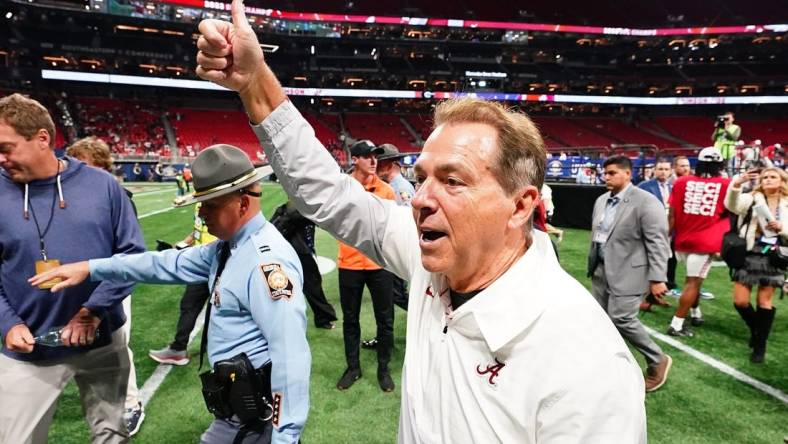 Dec 2, 2023; Atlanta, GA, USA; Alabama Crimson Tide head coach Nick Saban leaves the field after defeating the Georgia Bulldogs in the SEC Championship at Mercedes-Benz Stadium. Mandatory Credit: John David Mercer-USA TODAY Sports