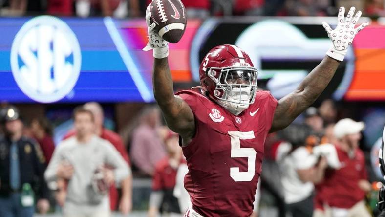 Dec 2, 2023; Atlanta, GA, USA; Alabama Crimson Tide running back Roydell Williams (5) reacts against the Georgia Bulldogs during the second half in the SEC Championship game at Mercedes-Benz Stadium. Mandatory Credit: Dale Zanine-USA TODAY Sports