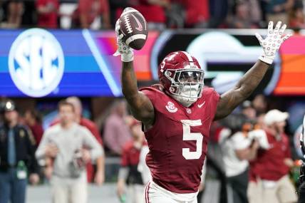 Dec 2, 2023; Atlanta, GA, USA; Alabama Crimson Tide running back Roydell Williams (5) reacts against the Georgia Bulldogs during the second half in the SEC Championship game at Mercedes-Benz Stadium. Mandatory Credit: Dale Zanine-USA TODAY Sports
