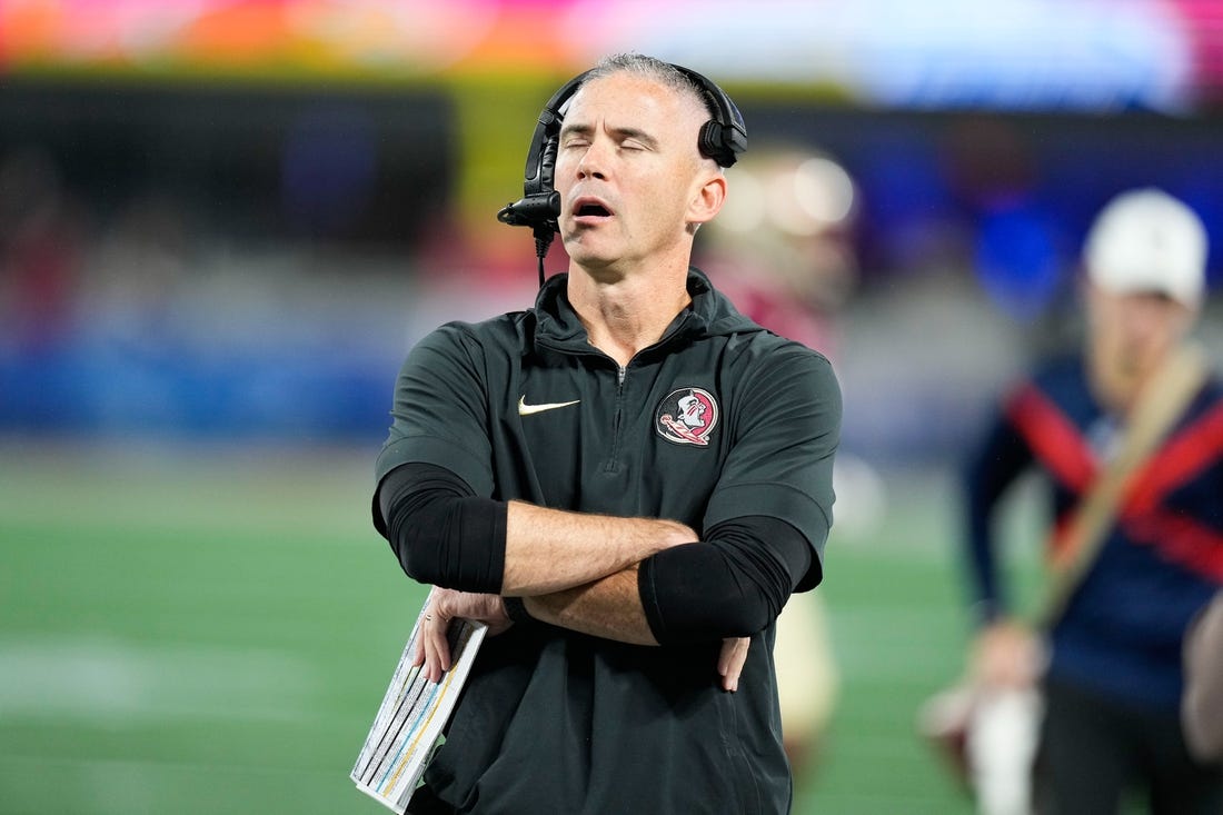 Dec 2, 2023; Charlotte, NC, USA; Florida State Seminoles head coach Mike Norvell reacts on the sidelines during the second quarter against the Louisville Cardinalsat Bank of America Stadium. Mandatory Credit: Jim Dedmon-USA TODAY Sports