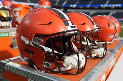 Dec 3, 2023; Inglewood, California, USA; Riddell speedflex Cleveland Browns helmets on the sidelines at SoFi Stadium. Mandatory Credit: Kirby Lee-USA TODAY Sports