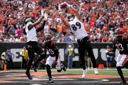 Baltimore Ravens tight end Mark Andrews (89) collects a pass in the end zone as Cincinnati Bengals cornerback Cam Taylor-Britt (29) defends in the second quarter of a Week 2 NFL football game between the Baltimore Ravens and the Cincinnati Bengals Sunday, Sept. 17, 2023, at Paycor Stadium in Cincinnati.