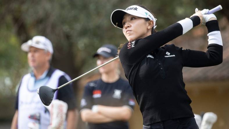 Lydia Ko tees off on the first hole at the Grant Thornton Invitational at Tiburon Golf Club in Naples on Friday, Dec. 8, 2023.