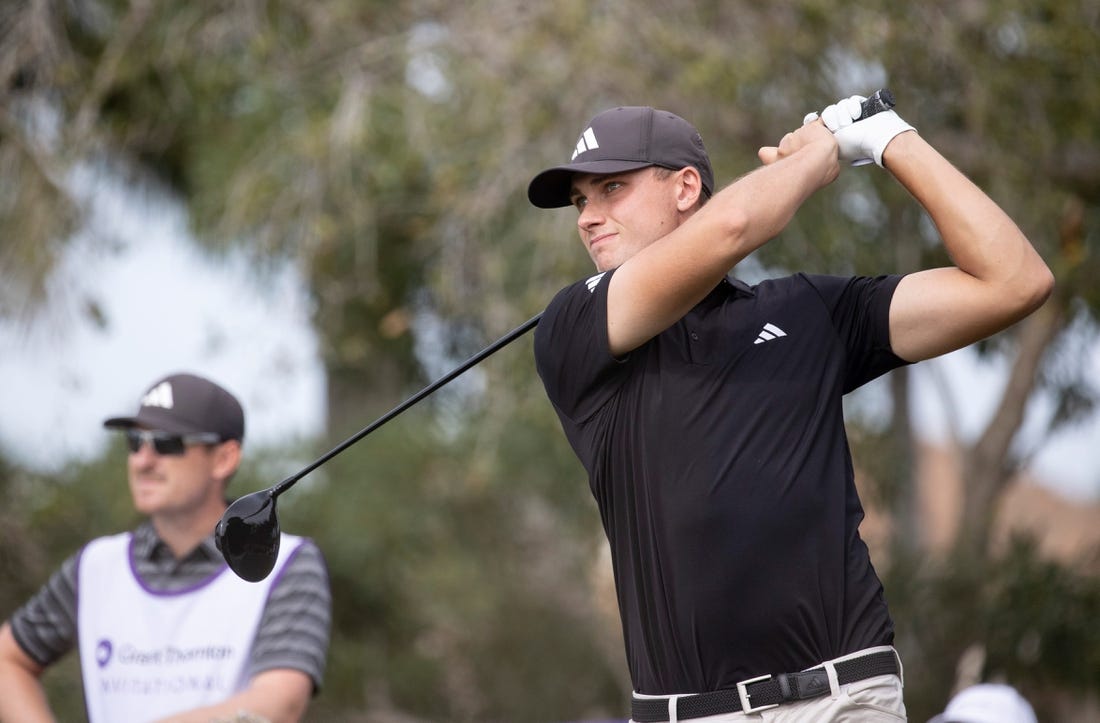 Ludvig Aberg tees off on the ninth hold at the Grant Thornton Invitational at Tiburon Golf Club in Naples on Friday, Dec. 8, 2023.