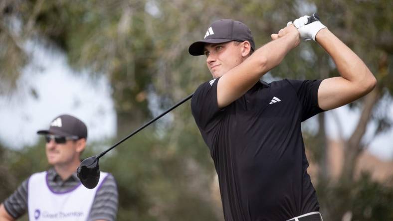 Ludvig Aberg tees off on the ninth hold at the Grant Thornton Invitational at Tiburon Golf Club in Naples on Friday, Dec. 8, 2023.