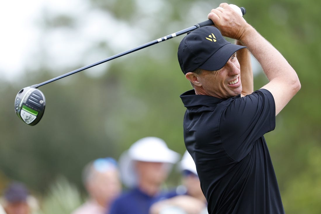 Dec 8, 2023; Bradenton, Florida, USA; Team International s Steven Alker hits a shot on the seventh tee in their afternoon round at The Concession Golf Club. Mandatory Credit: Jeff Swinger-USA TODAY Sports