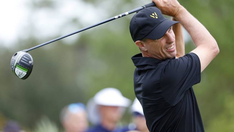 Dec 8, 2023; Bradenton, Florida, USA; Team International s Steven Alker hits a shot on the seventh tee in their afternoon round at The Concession Golf Club. Mandatory Credit: Jeff Swinger-USA TODAY Sports