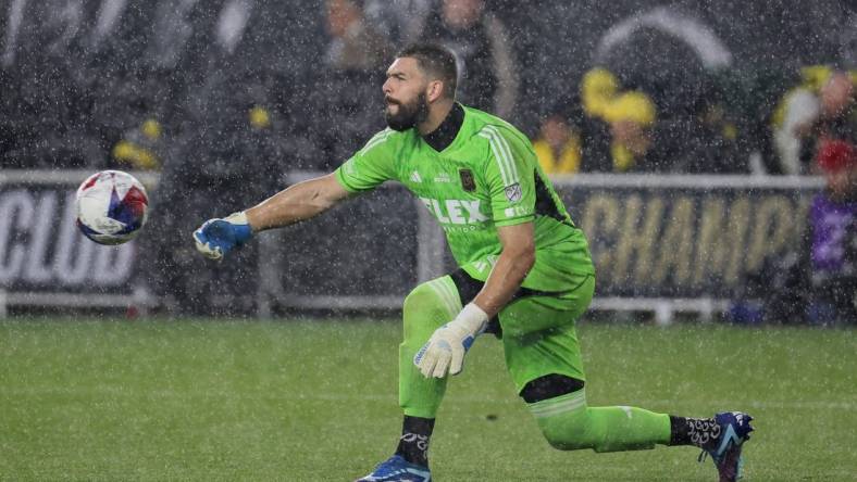 Dec 9, 2023; Columbus, OH, USA; Los Angeles FC goalkeeper Maxime Crepeau (16) plays the ball against the Columbus Crew in the 2023 MLS Cup championship game at Lower.com Field. Mandatory Credit: Trevor Ruszkowski-USA TODAY Sports