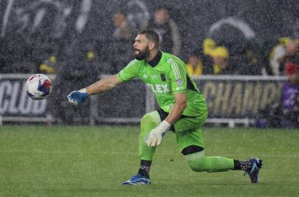 Dec 9, 2023; Columbus, OH, USA; Los Angeles FC goalkeeper Maxime Crepeau (16) plays the ball against the Columbus Crew in the 2023 MLS Cup championship game at Lower.com Field. Mandatory Credit: Trevor Ruszkowski-USA TODAY Sports