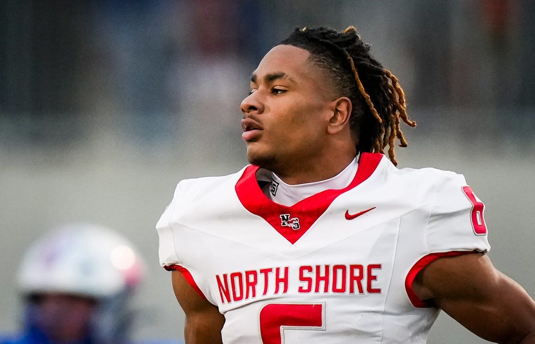 North Shore defensive back Devin Sanchez (6) runs off the field in the third quarter of the 6A UIL high school football semifinal game at the Pfield in Pflugerville, Saturday, December 9, 2023. North Shore defeated Westlake 23-14, knocking them out of the playoffs.