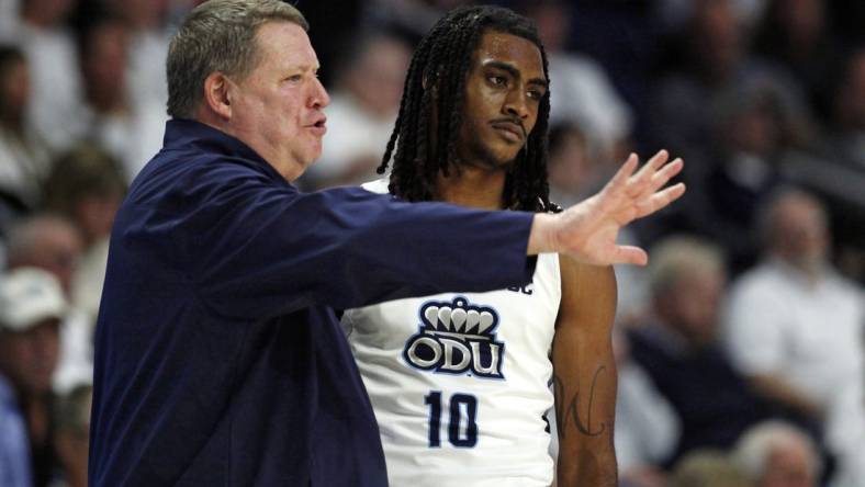 Dec 9, 2023; Norfolk, Virginia, USA; Old Dominion Monarchs head coach Jeff Jones talks to Old Dominion Monarchs guard Tyrone Williams (10) at Chartway Arena at the Ted Constant Convocation Center. Mandatory Credit: Peter Casey-USA TODAY Sports