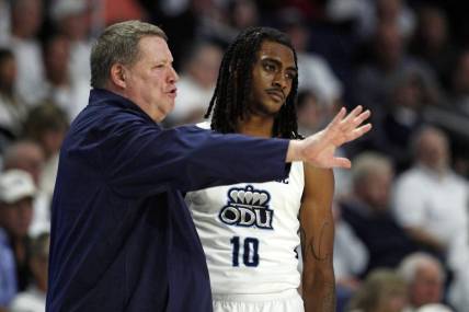 Dec 9, 2023; Norfolk, Virginia, USA; Old Dominion Monarchs head coach Jeff Jones talks to Old Dominion Monarchs guard Tyrone Williams (10) at Chartway Arena at the Ted Constant Convocation Center. Mandatory Credit: Peter Casey-USA TODAY Sports
