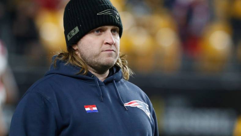 Dec 7, 2023; Pittsburgh, Pennsylvania, USA;  New England Patriots linebackers  coach Steve Belichick looks on before the game against the Pittsburgh Steelers at Acrisure Stadium. Mandatory Credit: Charles LeClaire-USA TODAY Sports