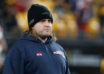 Dec 7, 2023; Pittsburgh, Pennsylvania, USA;  New England Patriots linebackers  coach Steve Belichick looks on before the game against the Pittsburgh Steelers at Acrisure Stadium. Mandatory Credit: Charles LeClaire-USA TODAY Sports